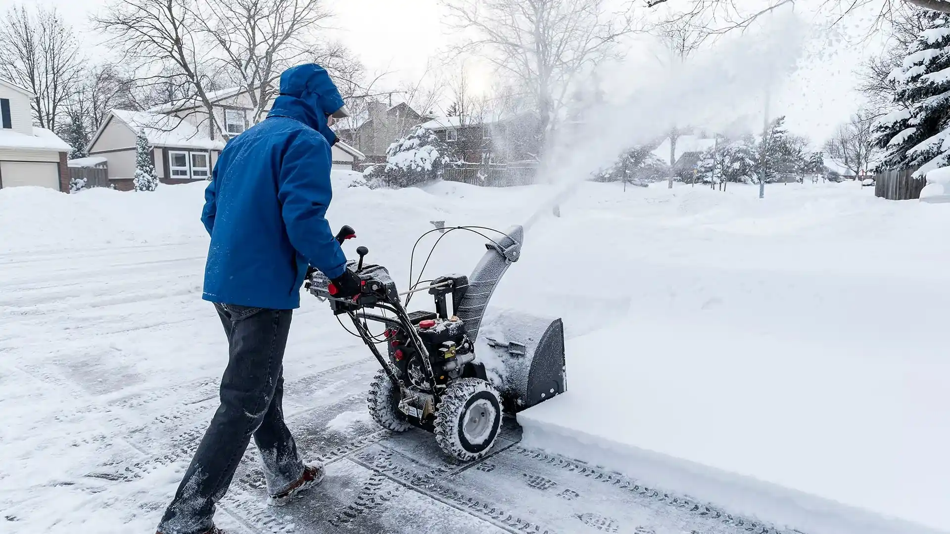 A man running a black snowblower on a driveway
